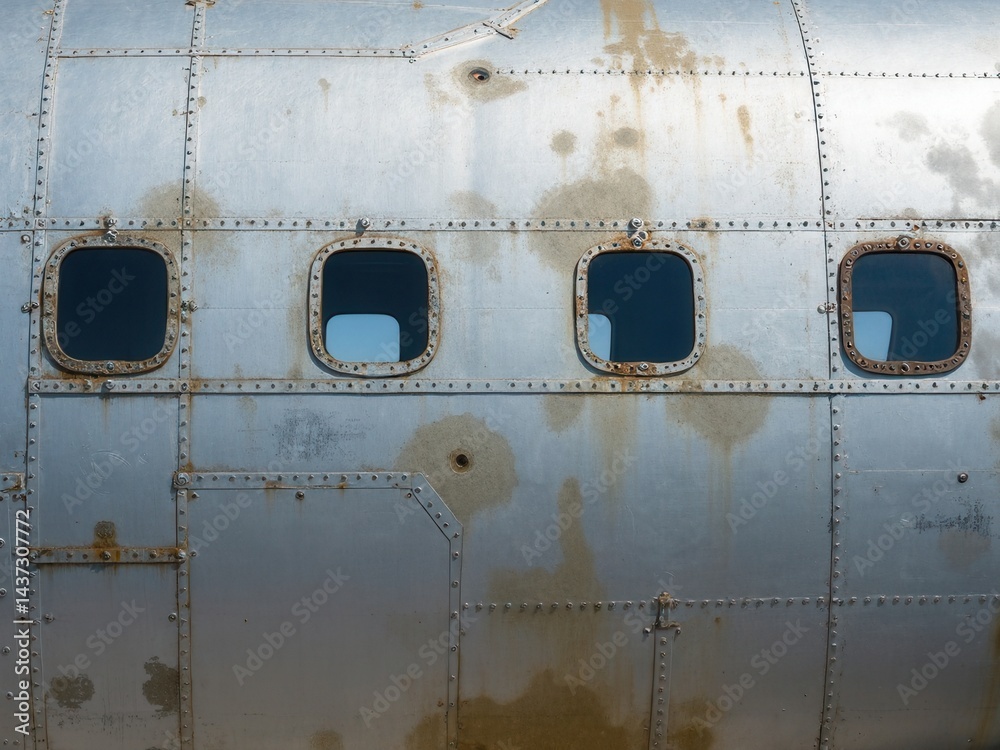 Old metal silver surface of the aircraft fuselage with rivets.