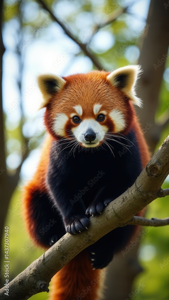 Red panda on a tree on a sunny day.