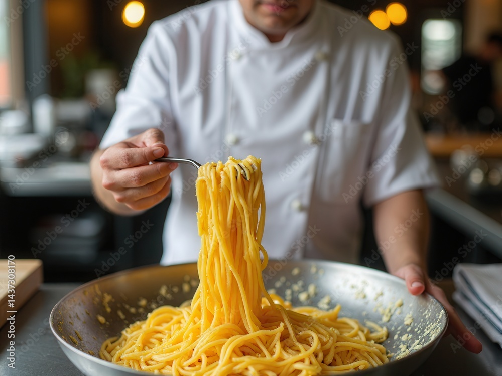 The cook prepares pasta in a restaurant.