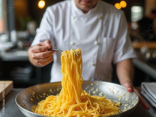 Obraz na płótnie The cook prepares pasta in a restaurant. w salonie
