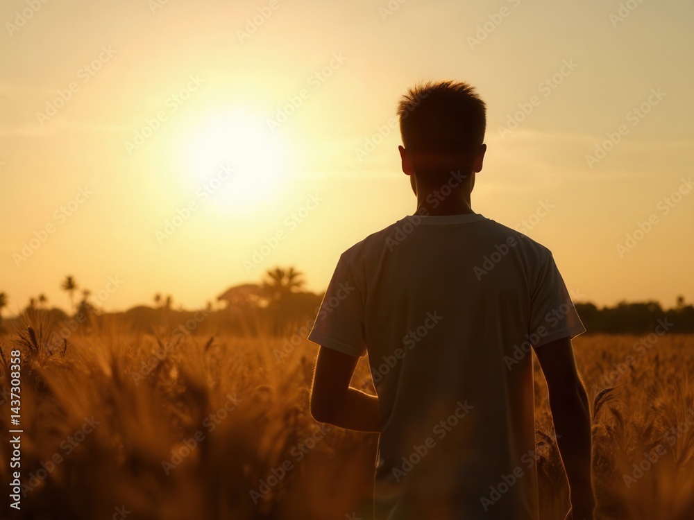 Silhouette of a man on a hemp field in sunlight.