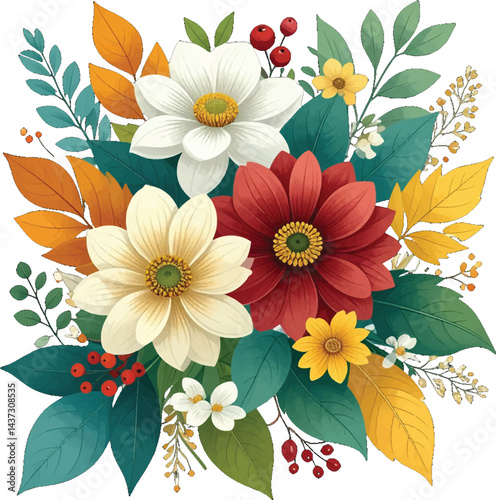 Colorful fall-inspired floral arrangement with red, yellow, and white blossoms surrounded by leaves. Autumn flowers with bold red, yellow, and white petals, complemented by golden autumn leaves