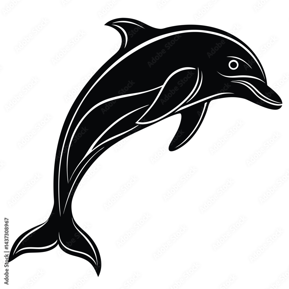 Obraz premium Black And White Dolphin Leaping From Water, Marine Mammal Illustration, Ocean Waves