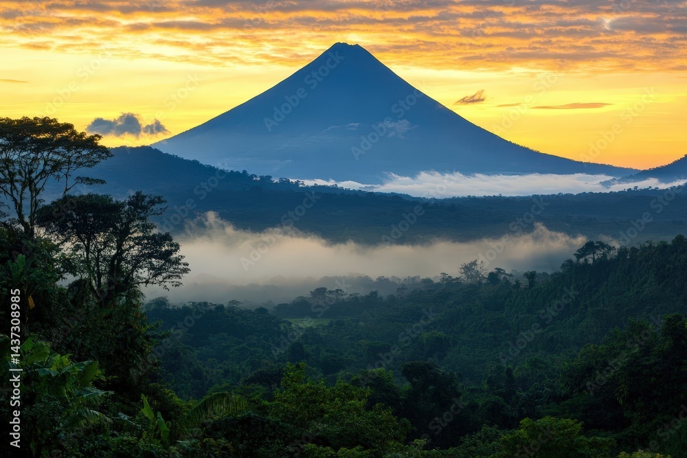 Fototapeta premium Sunrise over Irazu volcano with misty valleys and golden sky