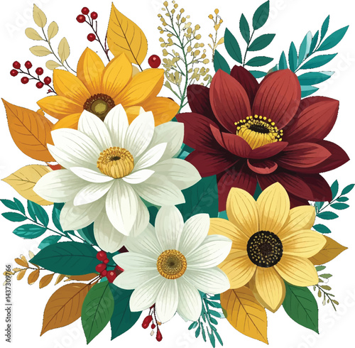 Elegant watercolor fall flowers with red, yellow, and white blooms surrounded by vibrant leaves. Colorful and bright fall flower arrangement with seasonal blooms in red, yellow, and white