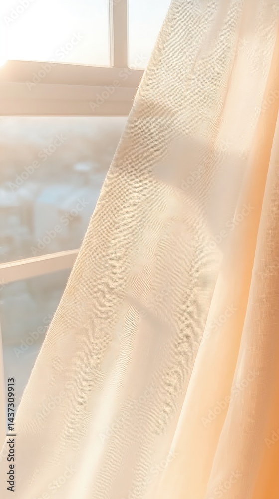 Sheer Beige Curtains Illuminated by Warm Sunlight Streaming Through Window Sheer Beige Curtains Illuminated by Warm Sunlight Streaming Through Window