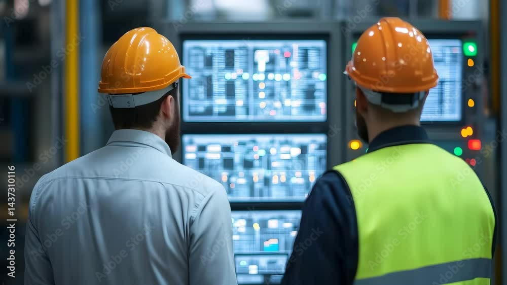 Workers monitor control panels in industrial facility during daytime operations near city center Workers monitor control panels in industrial facility during daytime operations near city center