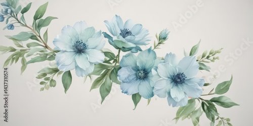 Subtle blue & green watercolor blooms on a creamy white backdrop  , vintage, romantic, pattern