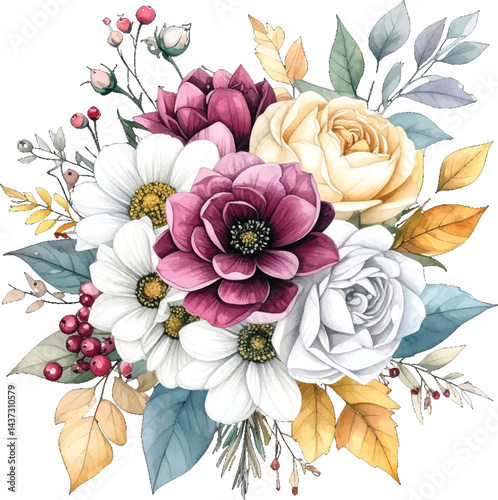 Watercolor floral bouquet with roses and wildflowers in vintage color tones. Romantic botanical watercolor with burgundy, white, and golden flowers. Elegant watercolor flower arrangement