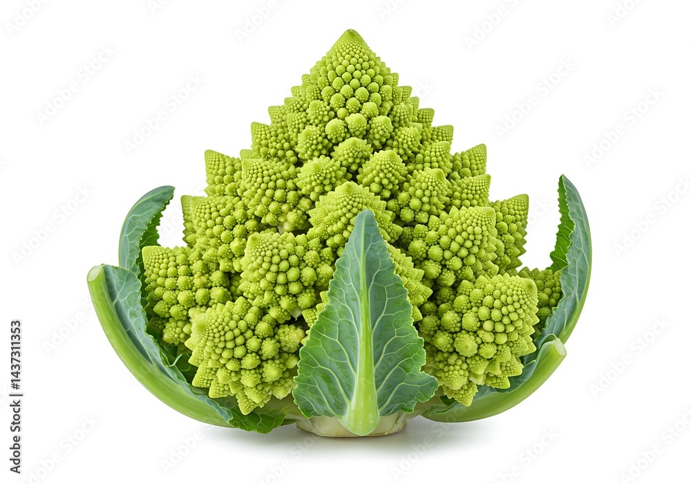 Close up of a romanesco broccoli with its fractal pattern on a white background in studio shot Close up of a romanesco broccoli with its fractal pattern on a white background in studio shot