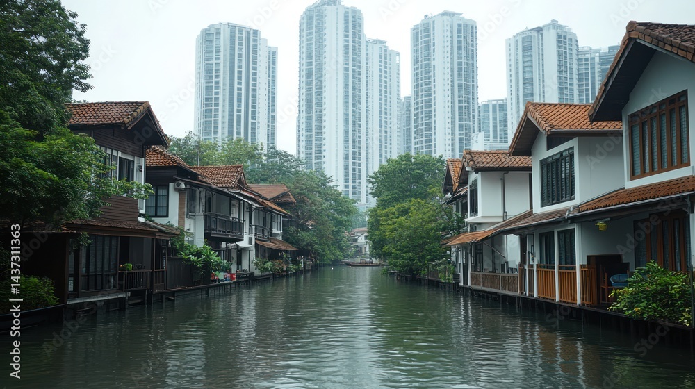 Canal scene with traditional houses and modern skyscrapers in the background Canal scene with traditional houses and modern skyscrapers in the background