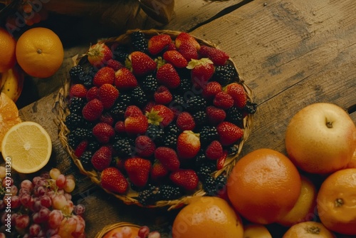 Fresh fruits and berries on wooden table photo