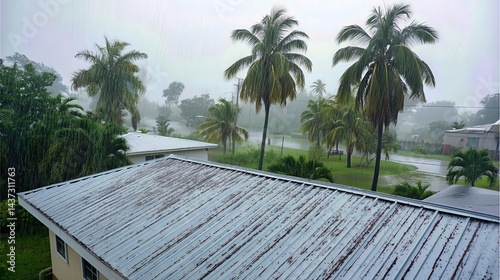 The rhythmic clatter of rain on metal mixes with the whipping palms, painting a vivid scene of tropical storm weather.

