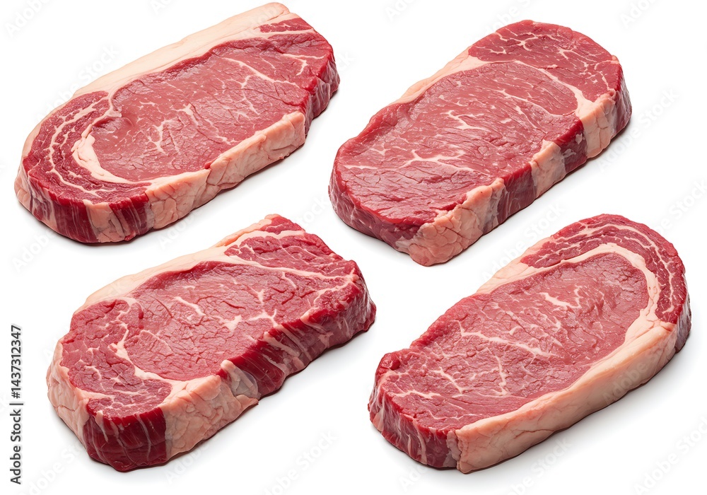 Four raw beef steaks with visible marbling arranged on a plain white surface in a studio setting Four raw beef steaks with visible marbling arranged on a plain white surface in a studio setting
