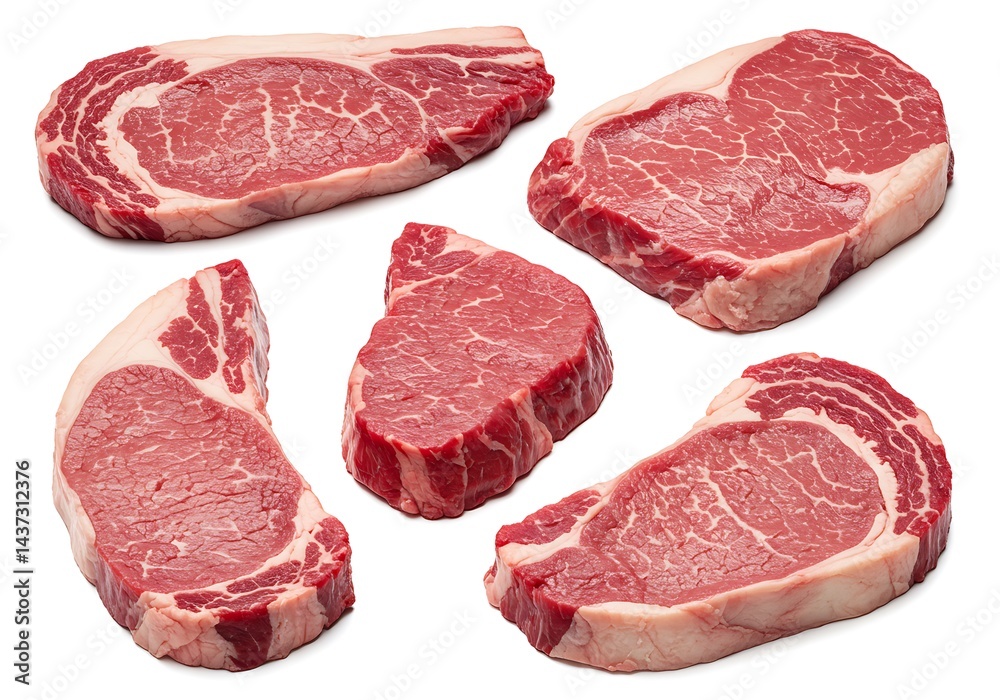 A close up shot displaying five raw ribeye steaks with visible marbling on a bright white background A close up shot displaying five raw ribeye steaks with visible marbling on a bright white background