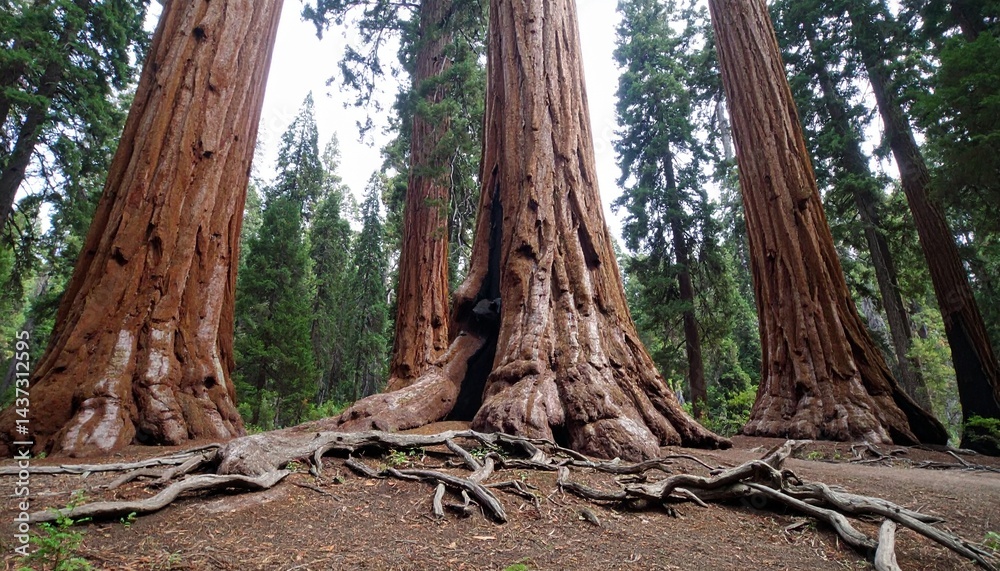 Towering sequoia trees with massive trunks and sprawling roots, forming a dense, ancient woodland. Towering sequoia trees with massive trunks and sprawling roots, forming a dense, ancient woodland.