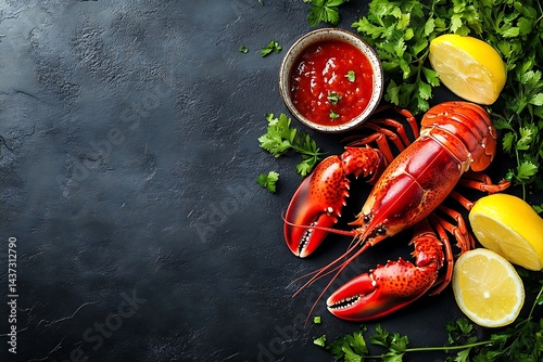 Lobster, lemon, parsley, sauce on dark background, food photography, restaurant meal photo