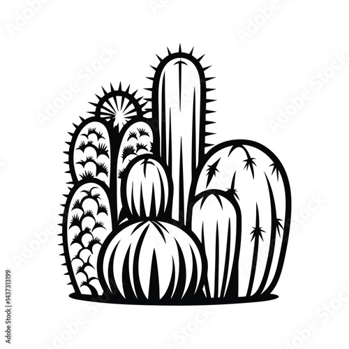 Silhouette of Various Cacti, Black and White Botanical with Prickles, Thorns