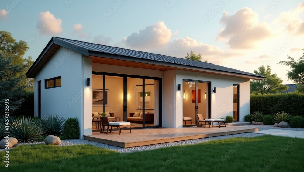 Fototapeta premium Charming small modern house with a cozy patio offering a welcoming exterior design surrounded by lush greenery and scenic views