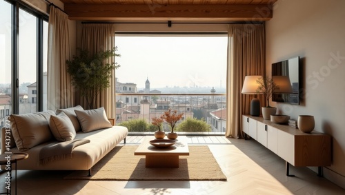 A charming rustic japandi small apartment interior featuring natural materials and warm tones creating a cozy and inviting living space