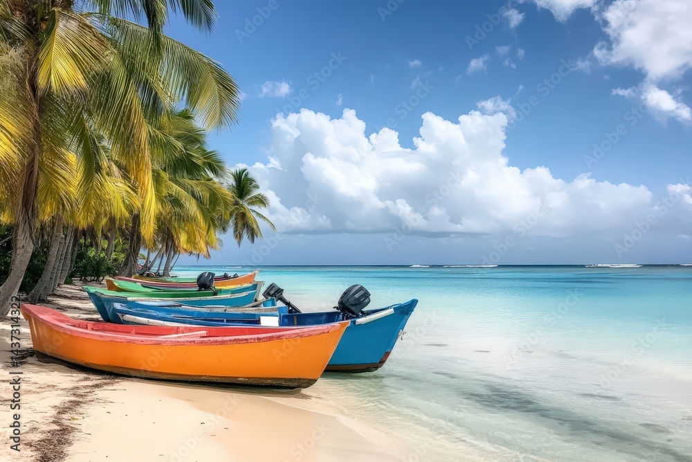 Colorful fishing boats lined up on tropical beach with palm trees Colorful fishing boats lined up on tropical beach with palm trees