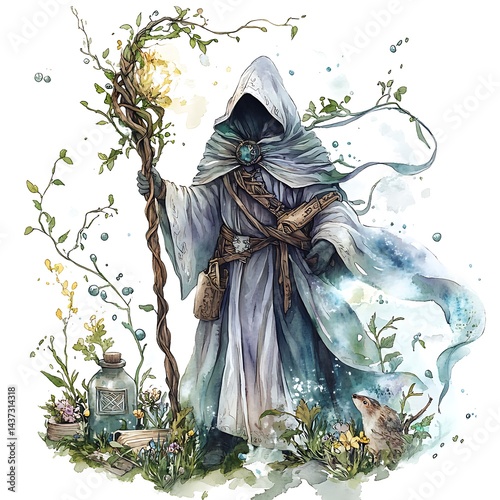 Detailed Watercolor Illustration of Mystical Druid Character photo