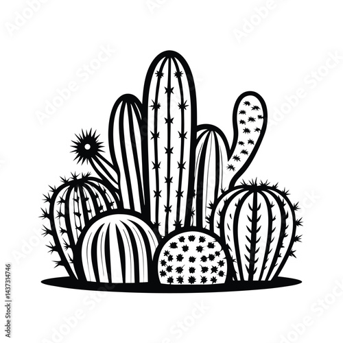 Assorted Cacti Grouping Monochrome Silhouette, Desert Flora, Botanical Illustration, Black & White