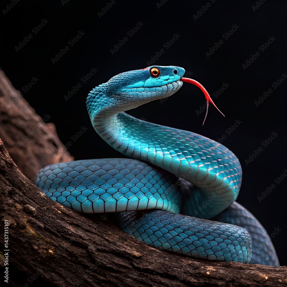 Fototapeta premium Vibrant Blue Insularis Pit Viper Snake on Dark Wood Branch