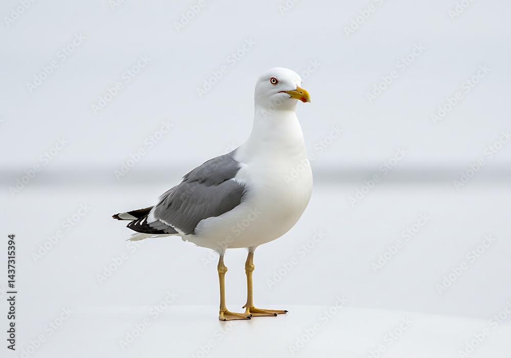 Fototapeta premium A seagull standing tall with gray wings and a yellow beak against a bright white background outdoors