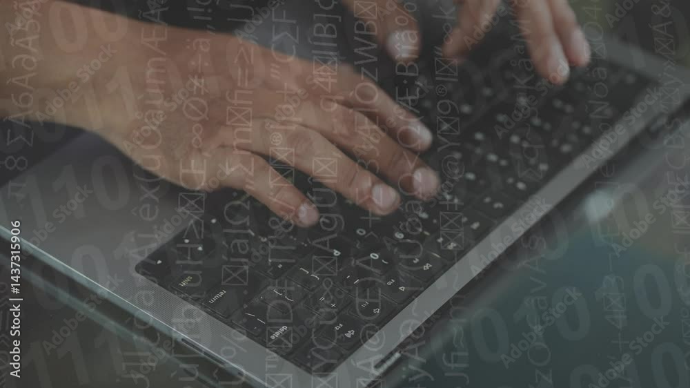 Laptop computer keyboard, hacker coding close up. Hacker man spying new technology, hacked cybersecurity.