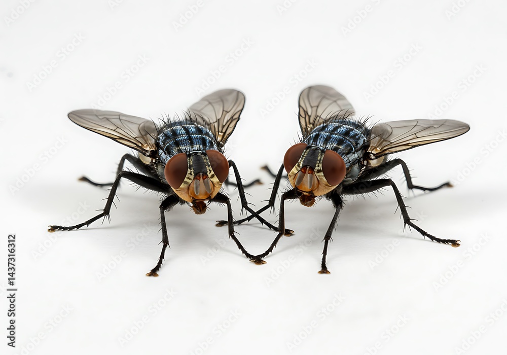 Close up of two houseflies facing each other with their legs intertwined on a white background studio shot Close up of two houseflies facing each other with their legs intertwined on a white background studio shot