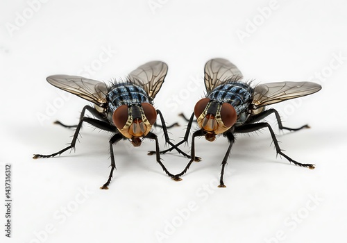 Close up of two houseflies facing each other with their legs intertwined on a white background studio shot