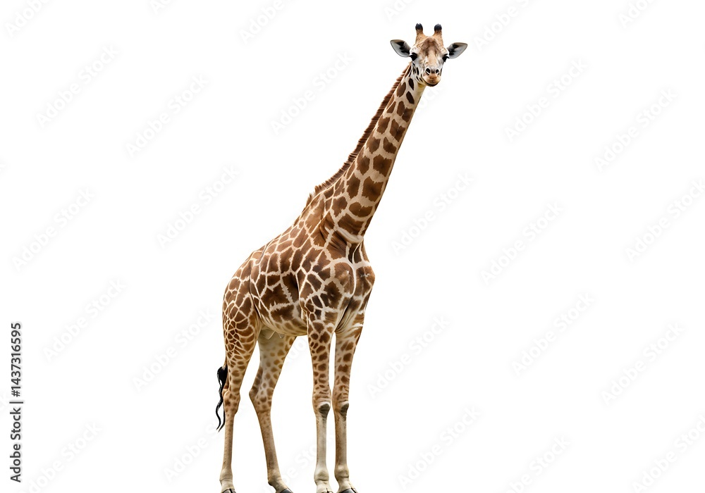Fototapeta premium A full body shot of a giraffe standing tall with its long neck against a white background in a studio