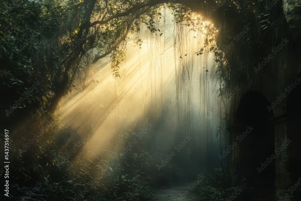 Fototapeta premium Sunlit jungle trail with hanging vines and lush greenery