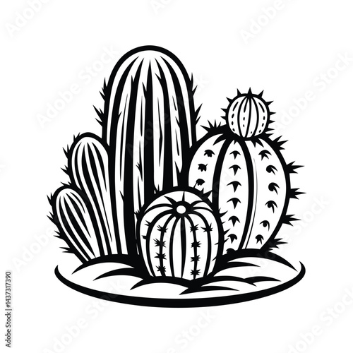 Black and White Cacti Clipart Succulent Plants, Silhouette, Desert Flora, Nature Art