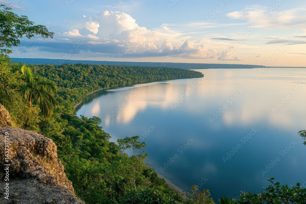 Obraz premium Sunset over lake with jungle shoreline and vibrant reflections
