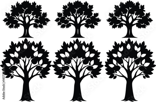 Beautiful Sycamore Trees Isolated Silhouette Vector Art Elegant Forest Landscape Design Elements