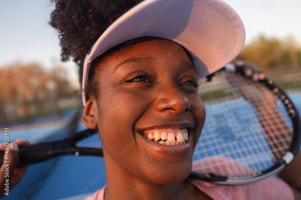Fototapeta premium Tennis player smiling and holding racket on court