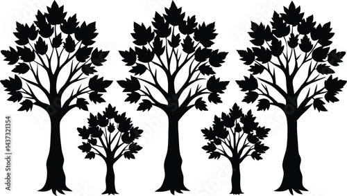 Beautiful Sycamore Trees Isolated Silhouette Vector Art Elegant Forest Landscape Design Elements