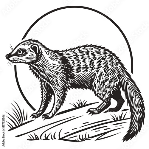 Mongoose Silhouette Walking, Round Frame, Grass, Detailed Black and White Striped Coat