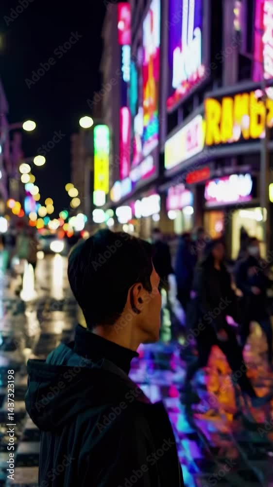 Moody urban night scene with a young man in focus, shot from a low angle. Neon lights reflect on wet pavement, creating a cinematic video feel. Moody urban night scene with a young man in focus, shot from a low angle. Neon lights reflect on wet pavement, creating a cinematic video feel.