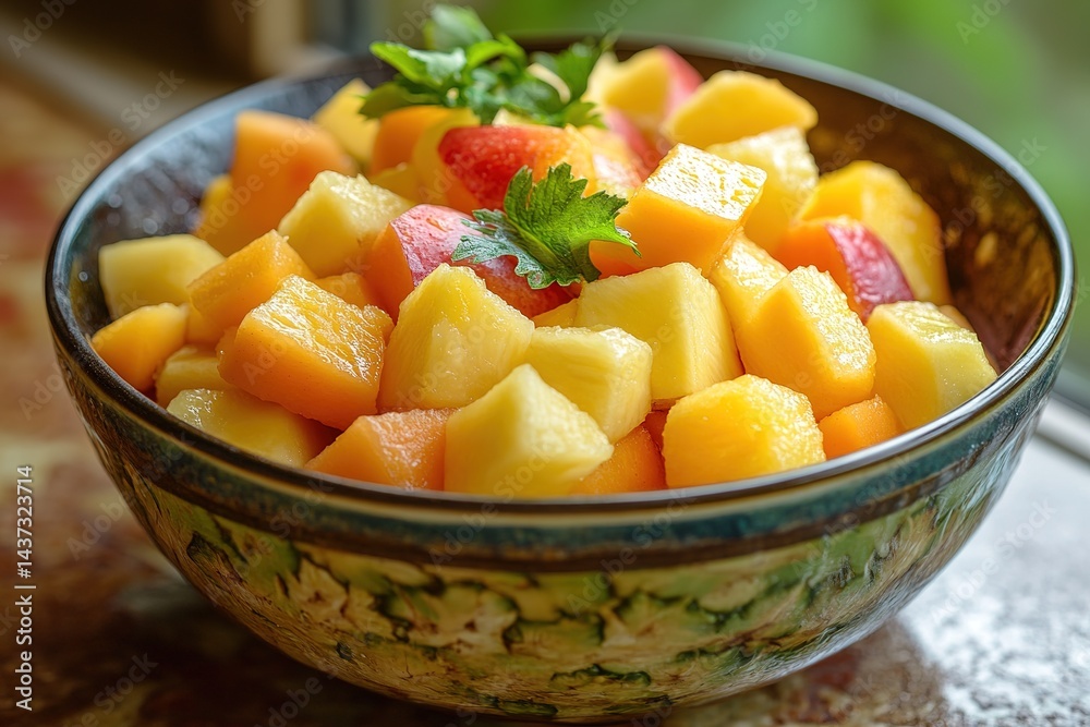 A colorful bowl of mixed tropical fruits--mango, pineapple, papaya--arranged neatly. A colorful bowl of mixed tropical fruits--mango, pineapple, papaya--arranged neatly.