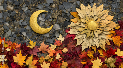Autumnal equinox composition with golden celestial symbols and vibrant leaves