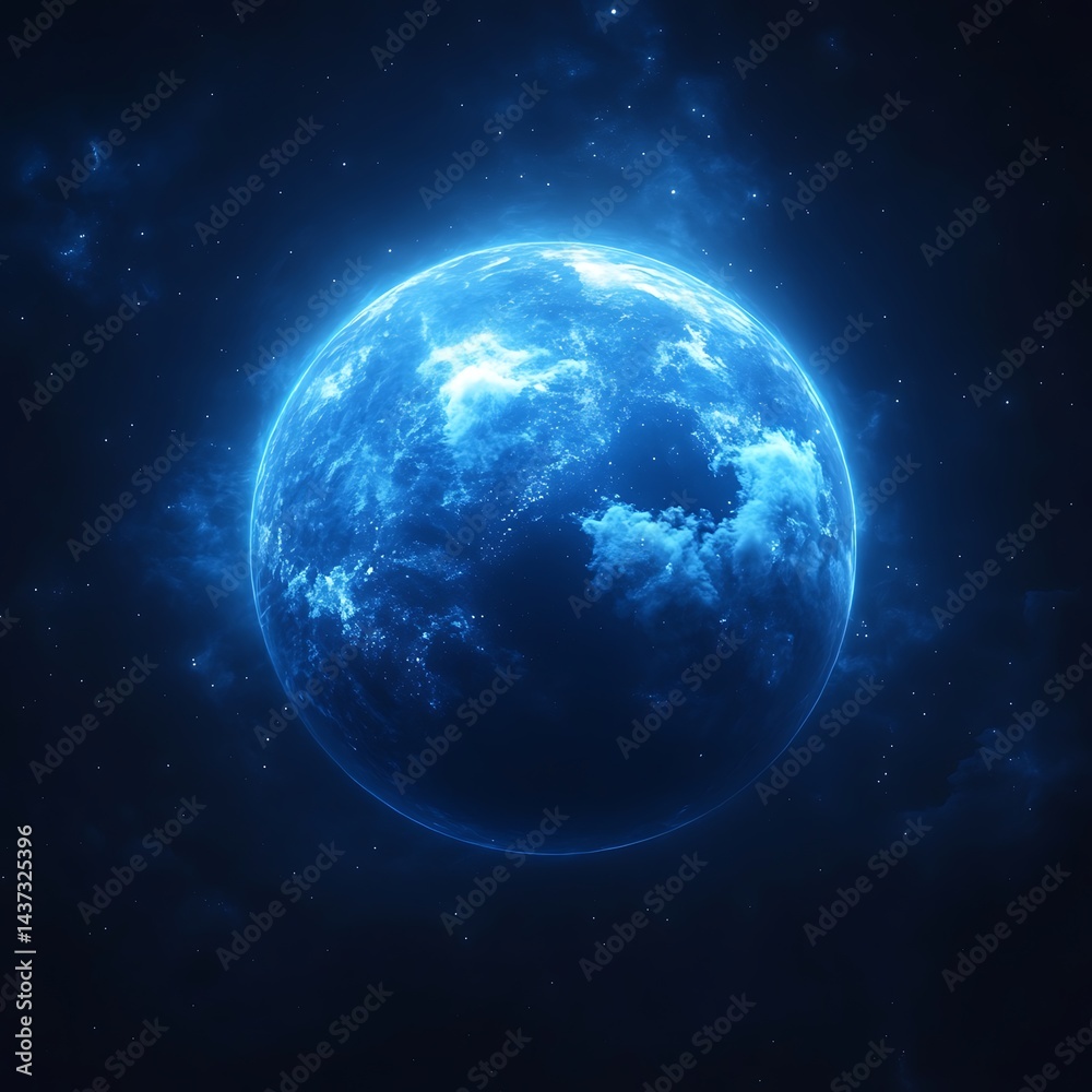 Obraz premium Glowing blue planet in dark space