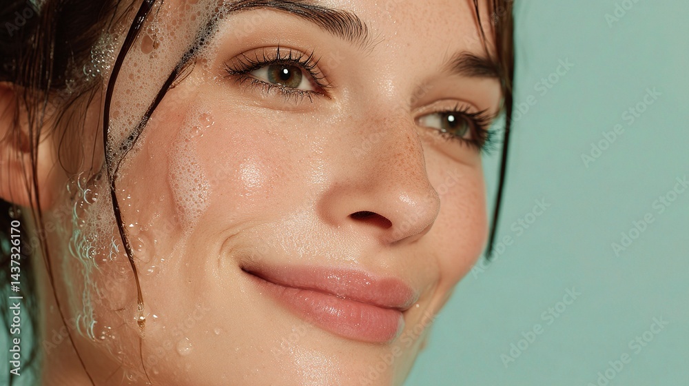 Naklejka premium Fresh Face with Soap Foam and Water Trickling Down Skin