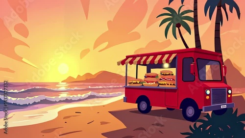 Colorful food truck at sunset on a beach  