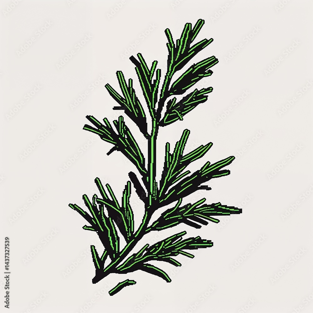 Fototapeta premium Black rosemary leaf square pixel art cartoon design on plain white background illustration