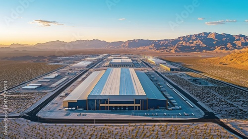 Expansive desert warehouse complex at sunset