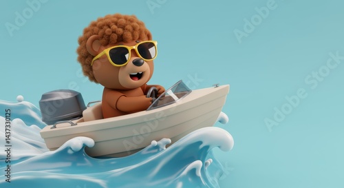 Cartoon bear enjoying a boat ride on a sunny day adventure illustration
