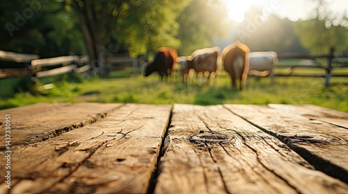 empty table table top with blur background of dairy cow farm, Advertisement, Print media, Illustration, Banner, for website, copy space, for word, template, presentation